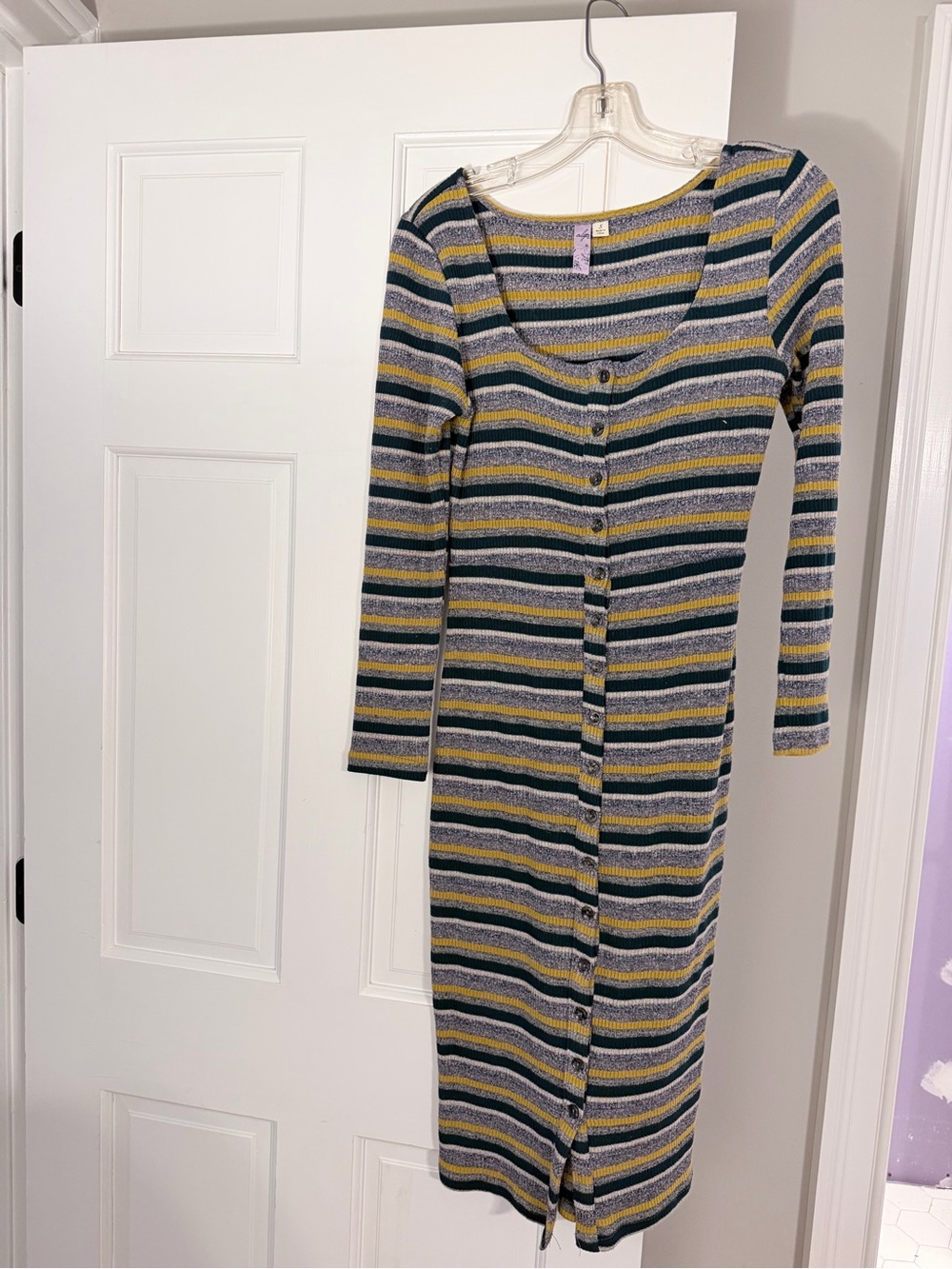 Alya Striped Button-Front Midi Dress in Yellow, Gray & Blue